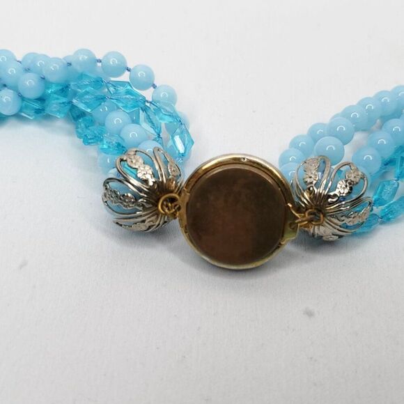 Vintage 7 Strand Plastic Bead Necklace Blue Multistrand Round Diamond Beads 24" - Picture 3 of 4